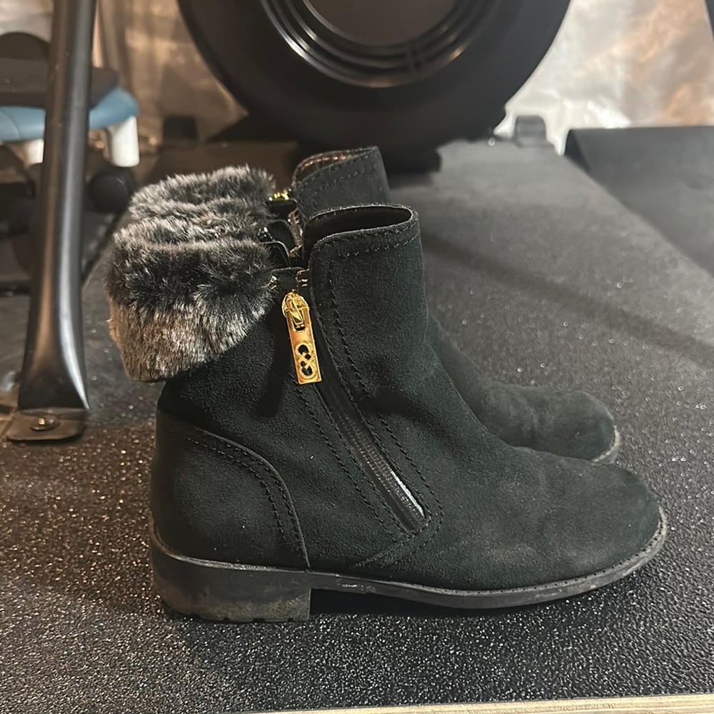 Cole Haan Black and Gold Ankle Booties with Fur Trim